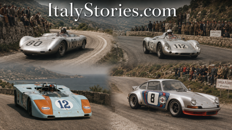 Historic Porsche racing cars competing at the Targa Florio in Sicily