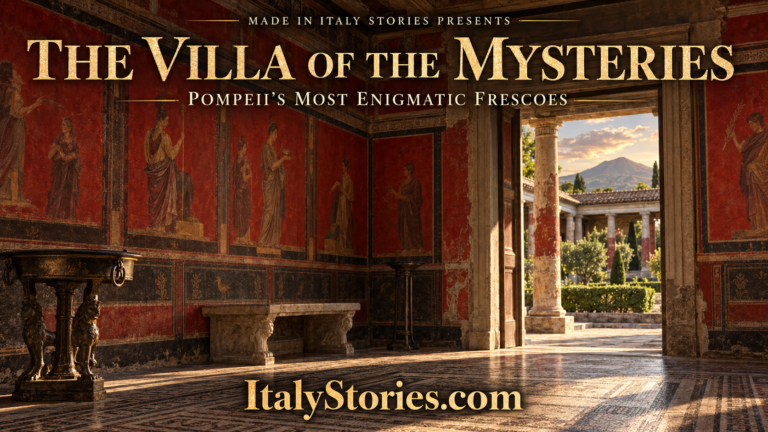 Photorealistic view of the red frescoed room inside the Villa of the Mysteries at Pompeii, with Vesuvius visible beyond the Roman colonnade.