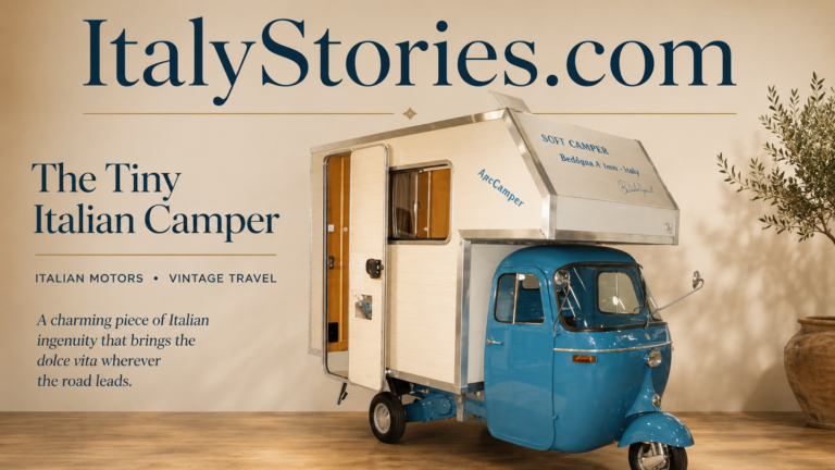 Vintage Piaggio Ape camper on an Italian road