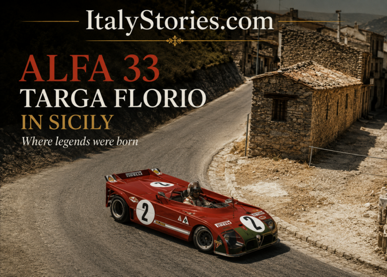 Alfa Romeo 33 racing at the Targa Florio on a Sicilian mountain road