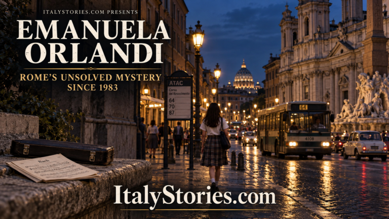 A symbolic teenage girl walks along Corso del Rinascimento in 1983 Rome, near a flute case and music score, representing the unsolved disappearance of Emanuela Orlandi.