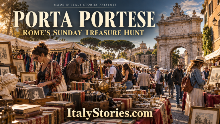 Visitors browsing vintage books, records, cameras and antiques at the Porta Portese Sunday market in Rome.