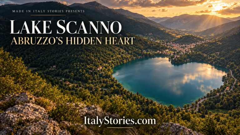 Panoramic view of Lake Scanno appearing heart-shaped among the forested mountains of Abruzzo at sunset.