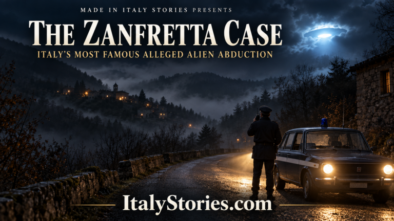 A night watchman beside a patrol car observes a mysterious light above the mountains near Torriglia in a reconstruction of the Zanfretta case.