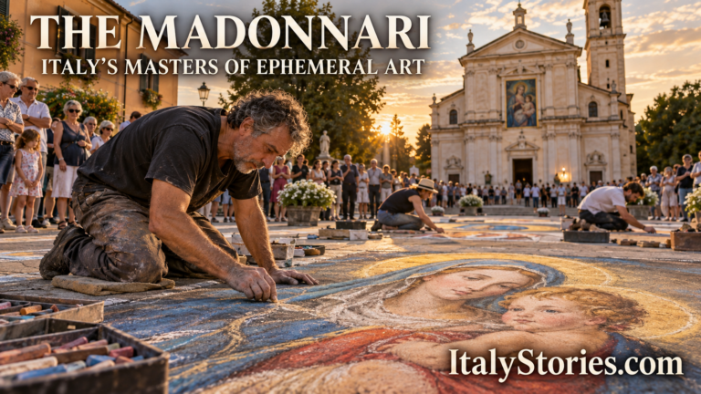 Italian madonnari creating a colorful chalk image of the Madonna and Child outside the sanctuary at Grazie di Curtatone