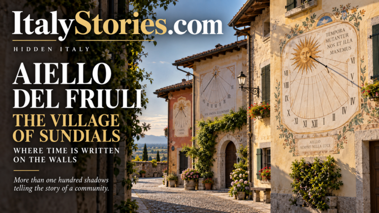 Artistic sundial painted on a historic house in Aiello del Friuli, Italy’s Village of Sundials