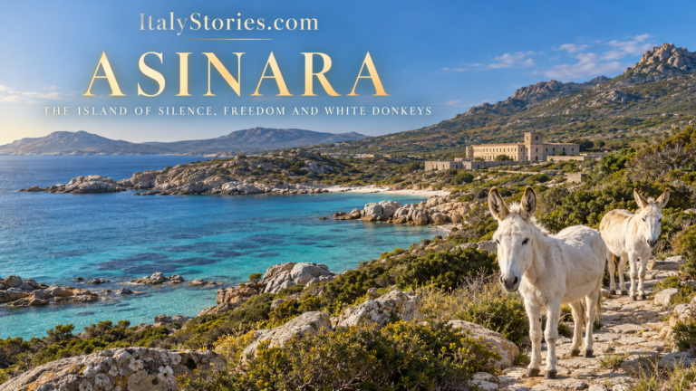 White donkeys overlooking the turquoise sea and former prison buildings on Asinara Island in Sardinia