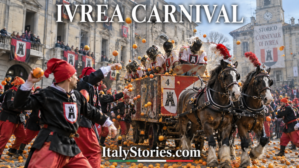 Ivrea Carnival orange throwers battling a horse-drawn cart in a historic square in Piedmont, Italy