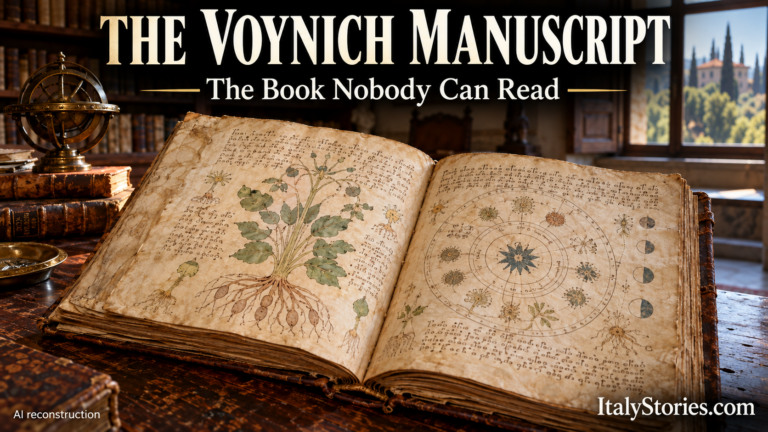 AI illustration of an open antique manuscript with botanical drawings and unfamiliar symbols on a wooden library table.