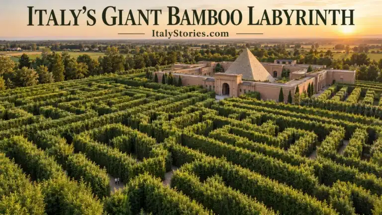Aerial view of the Labirinto della Masone bamboo maze near Fontanellato, with its monumental buildings and central pyramid.