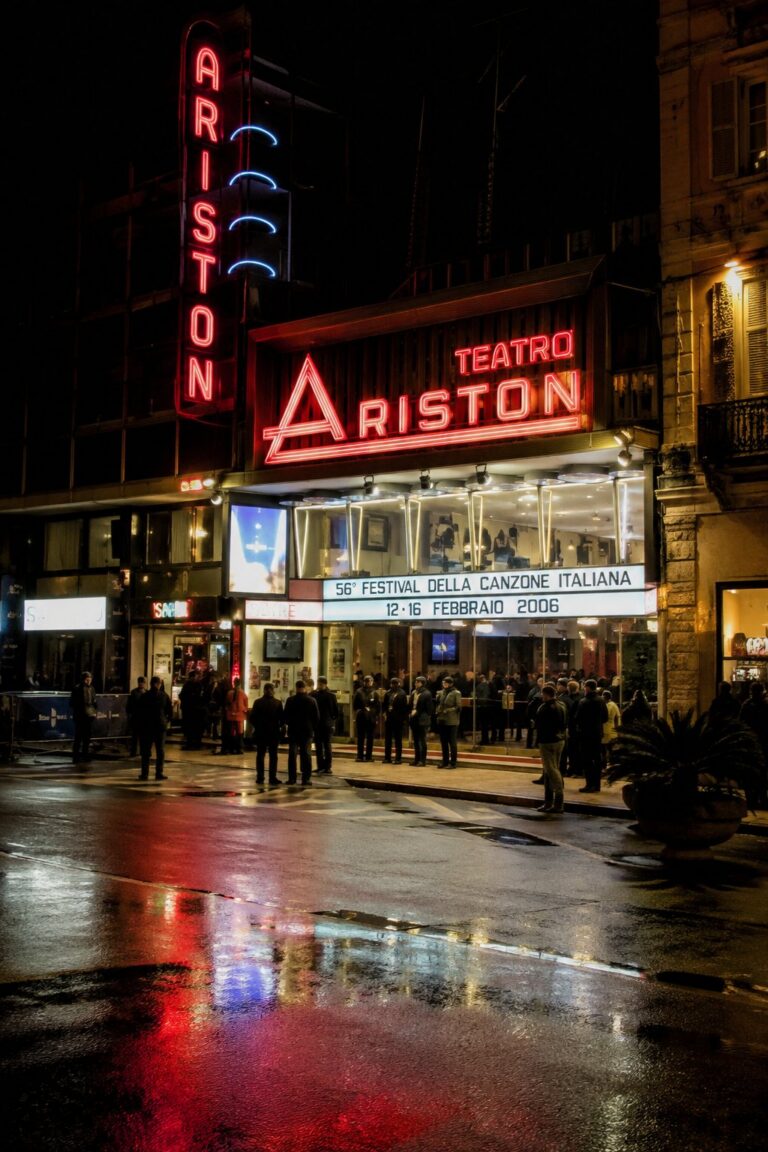 Teatro Ariston in Sanremo at night, the modern home of the Festival della Canzone Italiana.